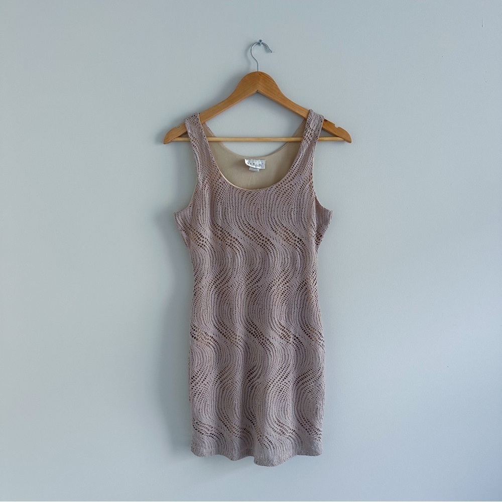 3/$20⚡️ Vintage Y2K Geri C Tan Cream Bodycon Overlay Swirl Mini Midi Dress